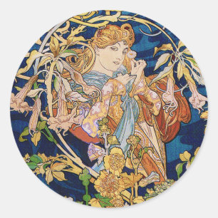 Mucha Art Nouveau: Woman With Daisy Classic Round Sticker