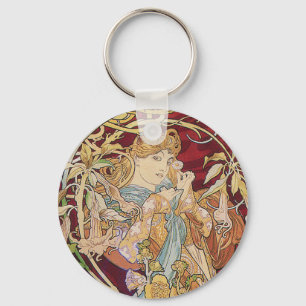 Mucha Art Nouveau: Woman With Daisy Key Ring