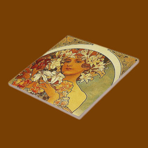 Mucha Art Nouveau woman with lilies Tile