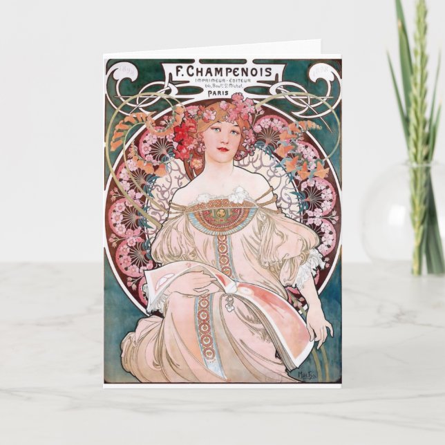 Mucha Champenois paris pink dress lady art deco Card (Front)