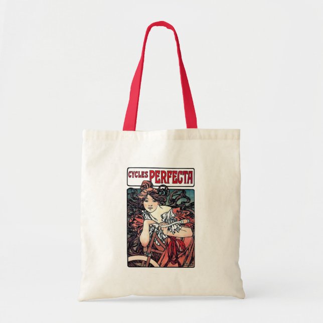 Mucha cycles perfecta woman bicycle red dress tote bag (Front)