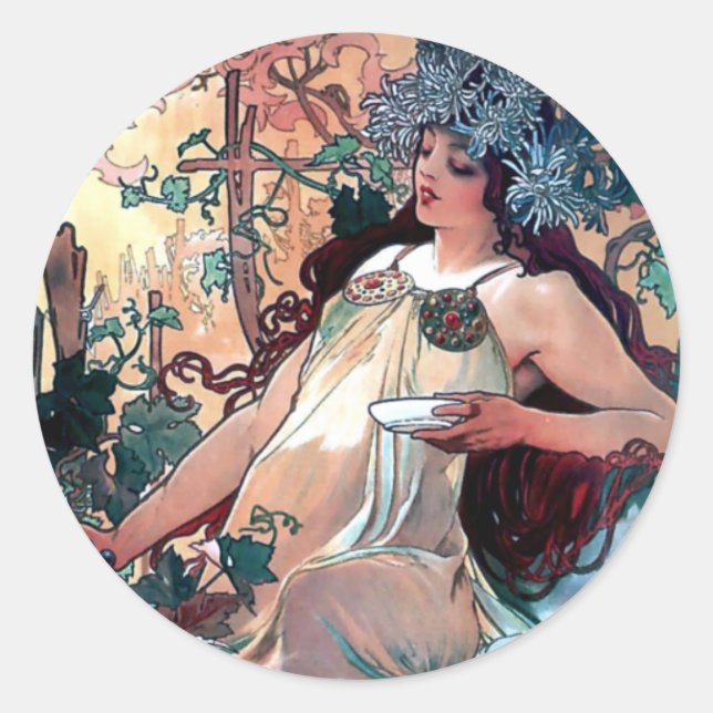mucha fall autumn art nouveau poster classic round sticker (Front)