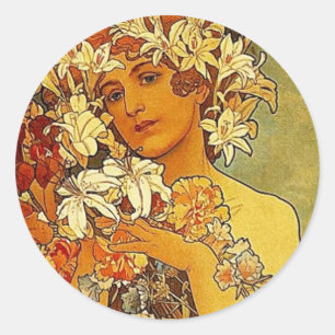 Mucha flowers classic round sticker