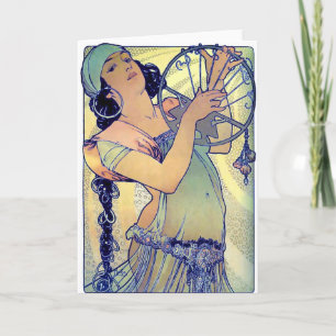 mucha gypsy tambourine dance music woman card