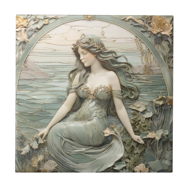 Mucha inspo Mermaid Art Nouveau Faux Relief L Mint Ceramic Tile (Front)