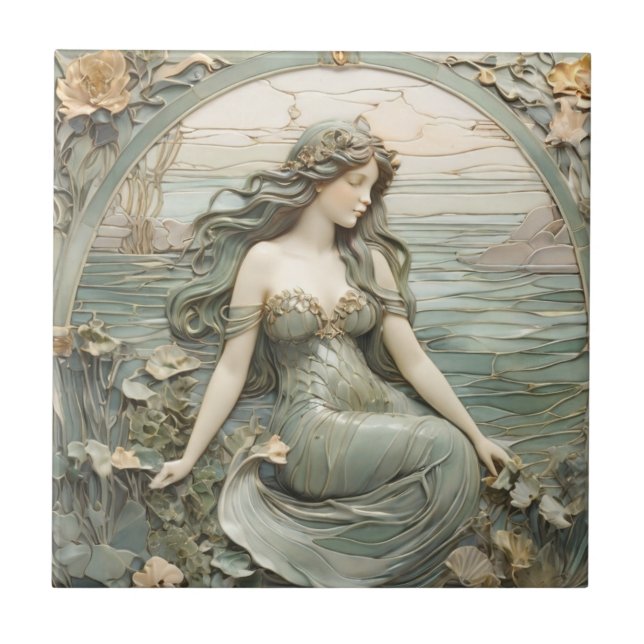Mucha inspo Mermaid Art Nouveau Faux Relief R Mint Ceramic Tile (Front)
