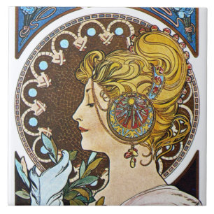 Mucha La Plume Art Nouveau Tile Trivet Gift Box