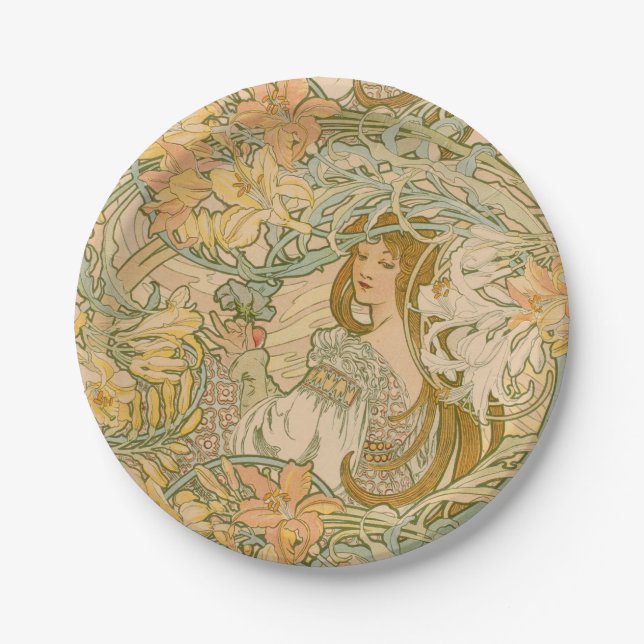 Mucha Language of Flowers Lilies Art Nouveau Paper Plate (Front)