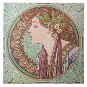 Mucha Laurel Art Nouveau Art Tile Trivet Gift Box