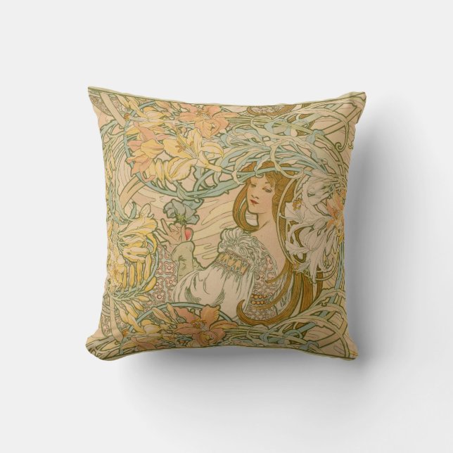 Mucha Lilies Language of Flowers Art Nouveau Cushion (Front)