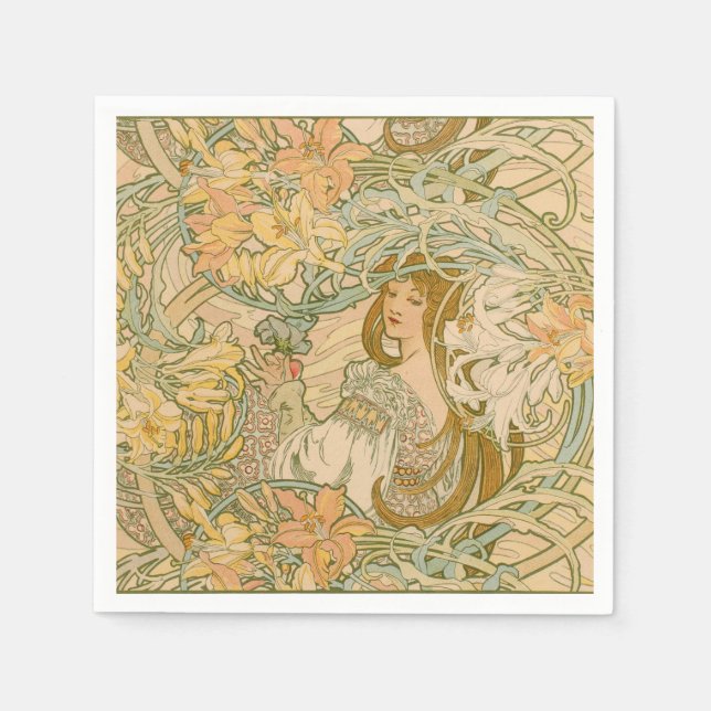 Mucha Lilies Language of Flowers Art Nouveau Girly Napkin (Front)