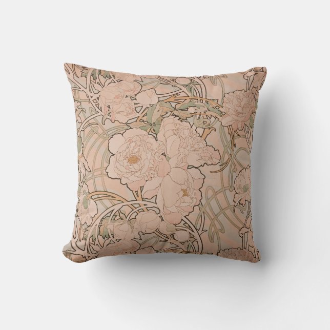 Mucha Peonies Apricot Cushion (Front)