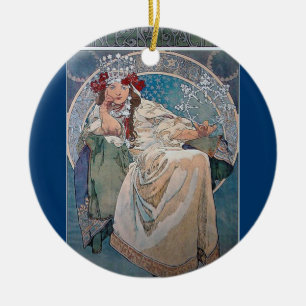 Mucha princess winter snowflake pink dress lady ceramic ornament