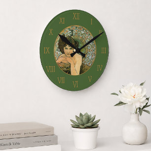 Mucha Vintage Green Emerald Temptress Elegant Round Clock