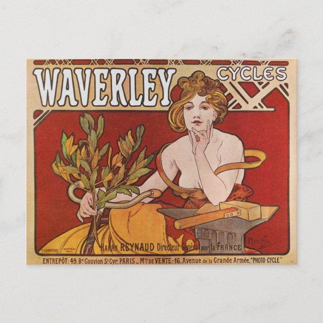 Mucha ~ Waverley Cycles 1898 Postcard (Front)
