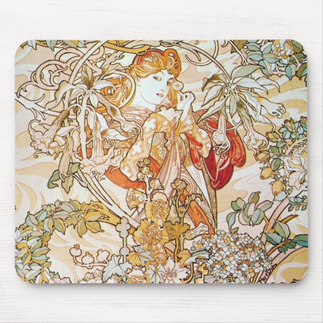 Mucha Woman With Daisy Art Nouveau Mouse Pad (Front)