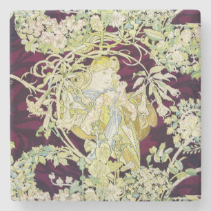 Mucha Woman with Daisy, Vintage Art Nouveau Stone Coaster