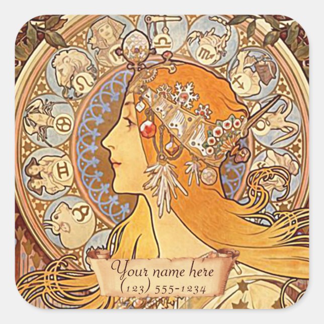 Mucha Zodiac Art Nouveau Bookplate Stickers (Front)