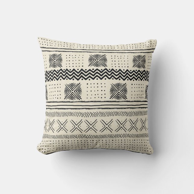 Mud Cloth Geometric Stripe Black and Cream Cushion (Front)