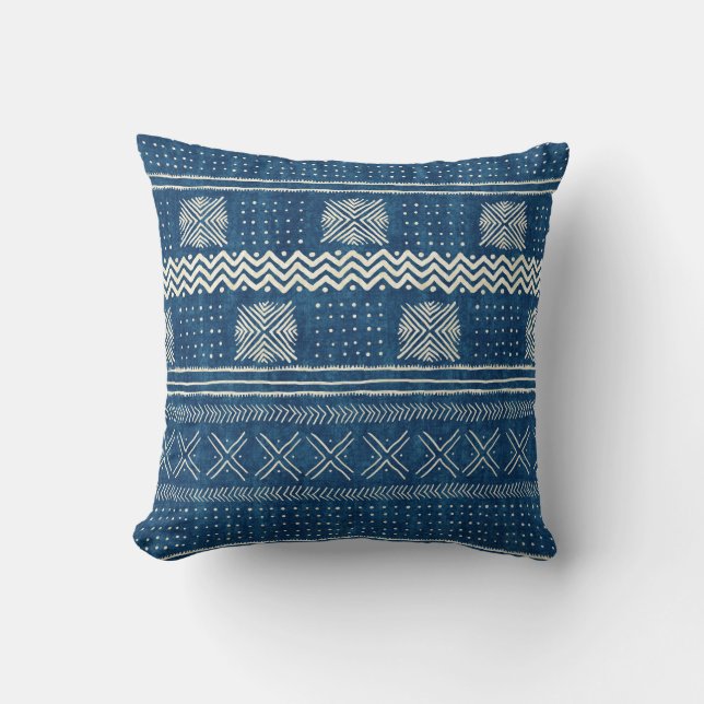 Mud Cloth Geometric Stripe Teal Blue Cushion (Front)