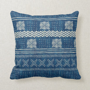 Mud Cloth Geometric Stripe Teal Blue Cushion