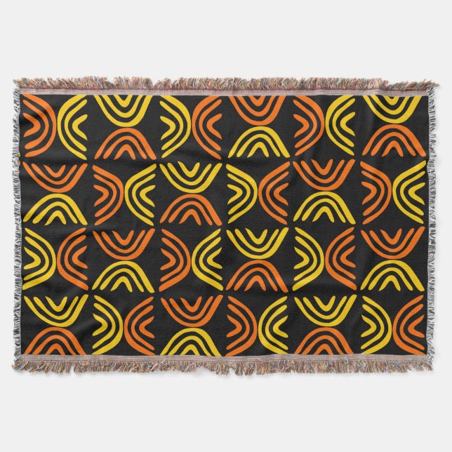 Mud Cloth Style 080215 - Amber and Orange on Black Throw Blanket (Front)