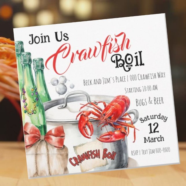 Mudbug | Crawfish Boil Party Invitation (Crawfish Boil party invitations with boiling pot, crawfish and burlap.  Customize these! )