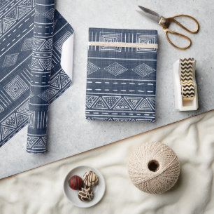 Mudcloth Inspired Blue and White Tribal Geometric Wrapping Paper