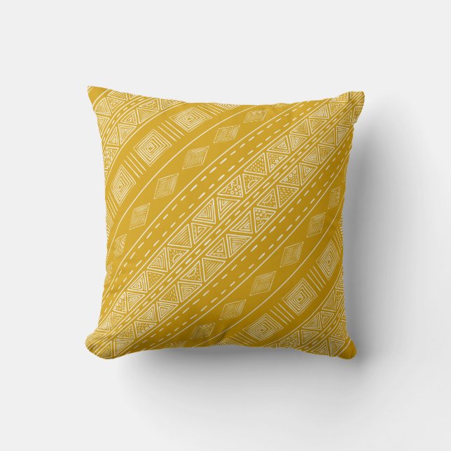Mudcloth Inspired Mustard Yellow Tribal Print Cushion (Front)