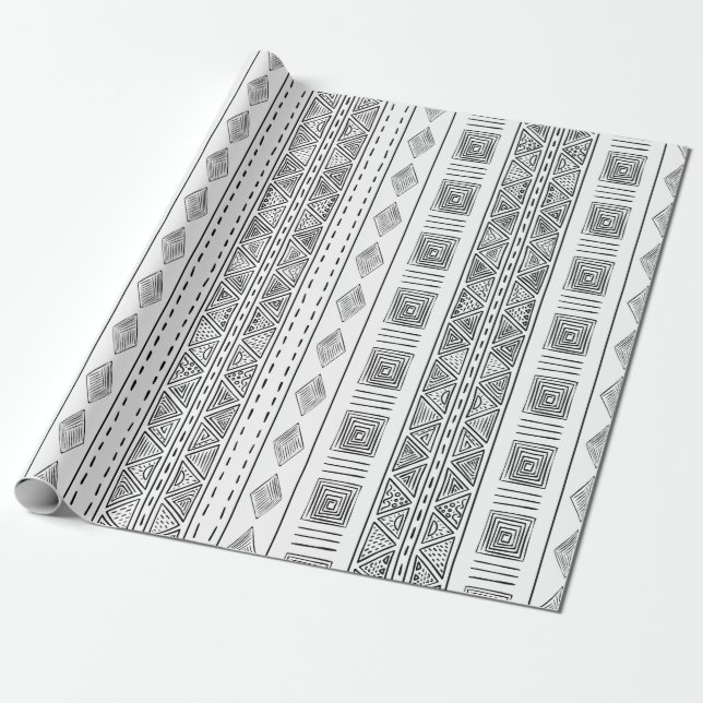 Mudcloth Inspired Tribal White Geometric Pattern Wrapping Paper (Unrolled)