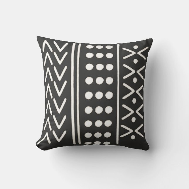 Mudcloth pillow, cream on black with tan accents cushion (Front)