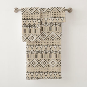 Mudcloth Tribal Pattern, Cream, Beige, Black Bath Towel Set