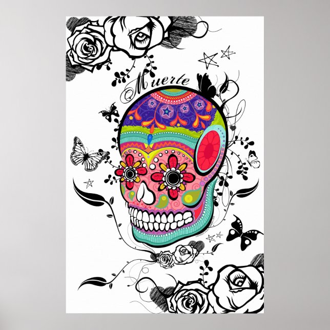 Muerte Artistic Sugar Skull, Roses & Flourishes Poster (Front)