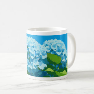 mug adorned with a pixel art blue hydrangeas