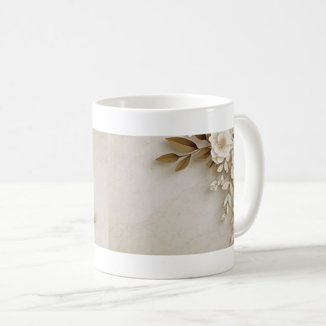 Mug Blanc à Motif Floral Texturé Beige et Crème (Front Right)