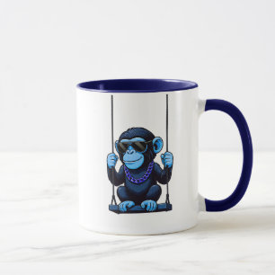 Mug cartoon stylized monkey cool blue on swing