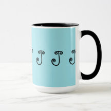 Mug, coffee, tea, turquoise, black, initial "J"