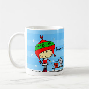 ♥ MUG ♥ Cute Christmas girl and cat in snow bl