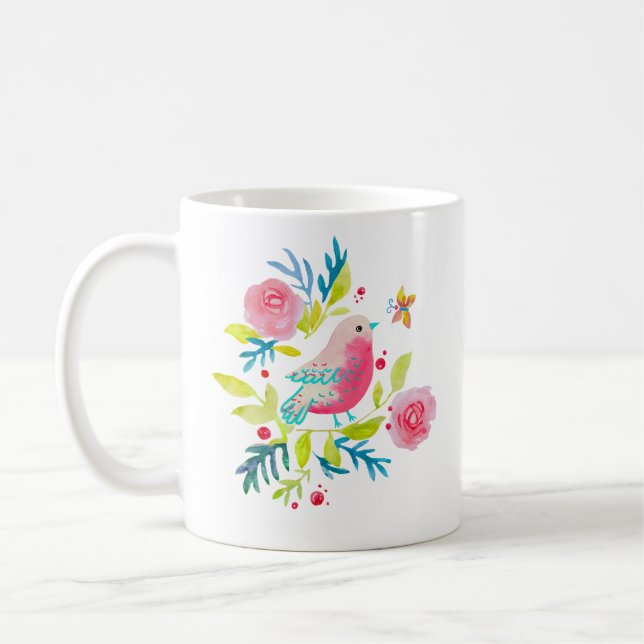 Mug Cute pink bird on a branch. (Left)