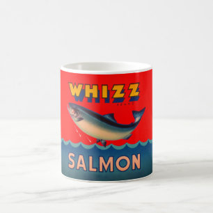 Mug decorated with vintage Alaskan salmon label