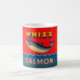 Mug decorated with vintage Alaskan salmon  label