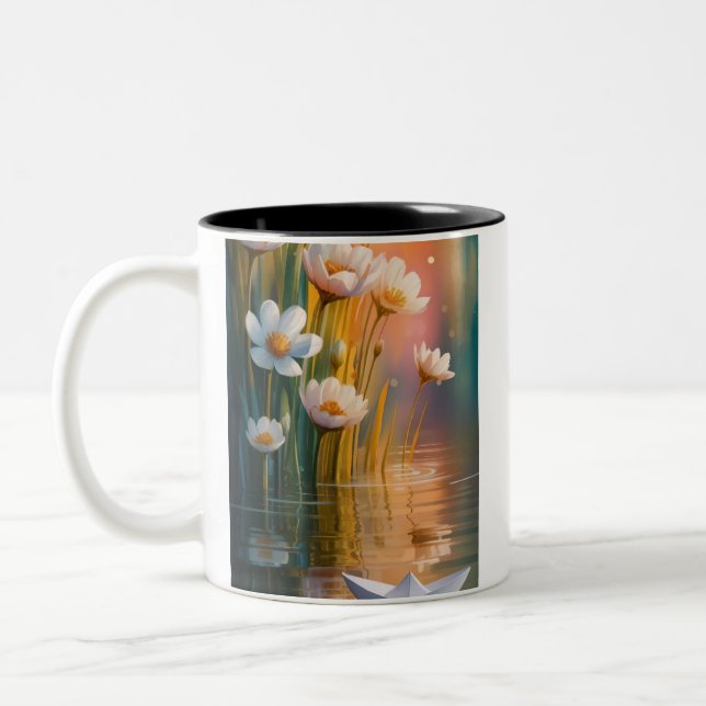 Mug Dreamy Paper Boat & White Flowers at Sunset –  (Left)