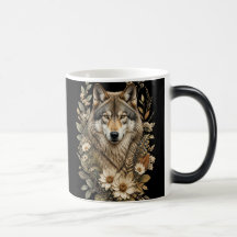 Mug featuring a majestic wolf and floral nature de