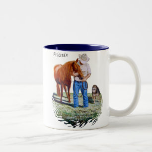 Mug, Friends, Man with his horse and dog Two-Tone Coffee Mug
