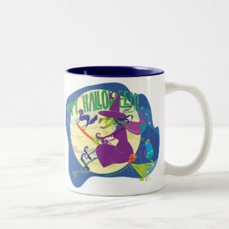 MUG Happy Halloween Witch with Cat and Spiders