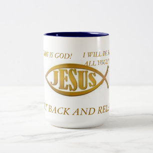 MUG  JESUS FISH BLAC INTERIOR  GOLD  EMBLEM ON WHI