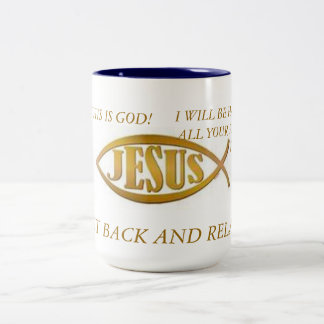MUG  JESUS FISH BLAC INTERIOR  GOLD  EMBLEM ON WHI