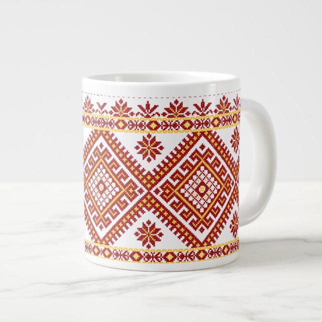 Mug Jumbo Red Ukrainian Cross Stitch Embroidery (Front Right)