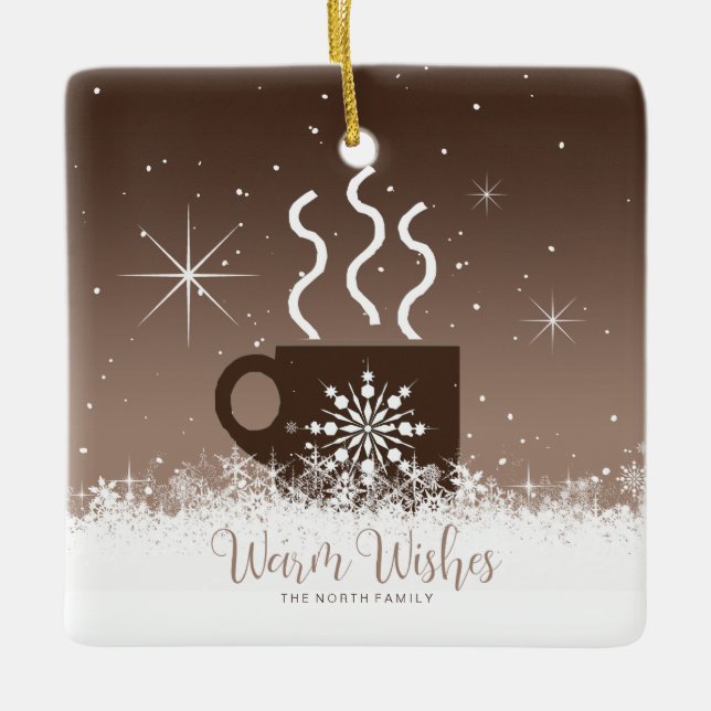 Mug Steaming Hot Drink w/Snow Border Brown ID595 Ceramic Ornament (Front)