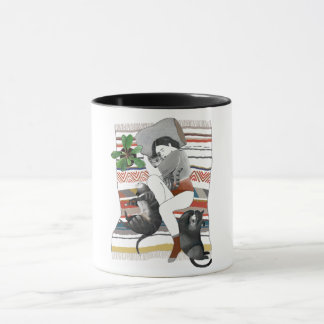 Mug | The girl lies with three cats and a plant